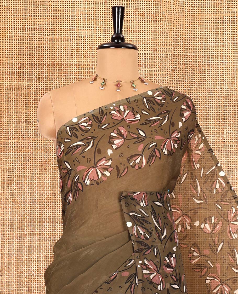 Olive green plain fendy chiffon saree, double-side floral motifs printed border, self-pallu, and no blouse - Image 2