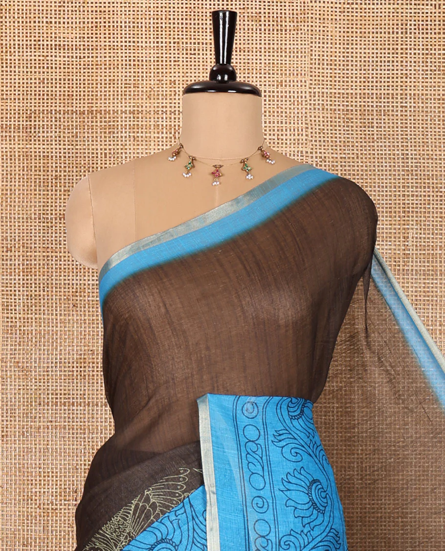 Olive Green plain with swan motifs printed linen cotton saree, contrast floral creeper printed border, swan motifs printed pallu, and plain blouse - Image 2