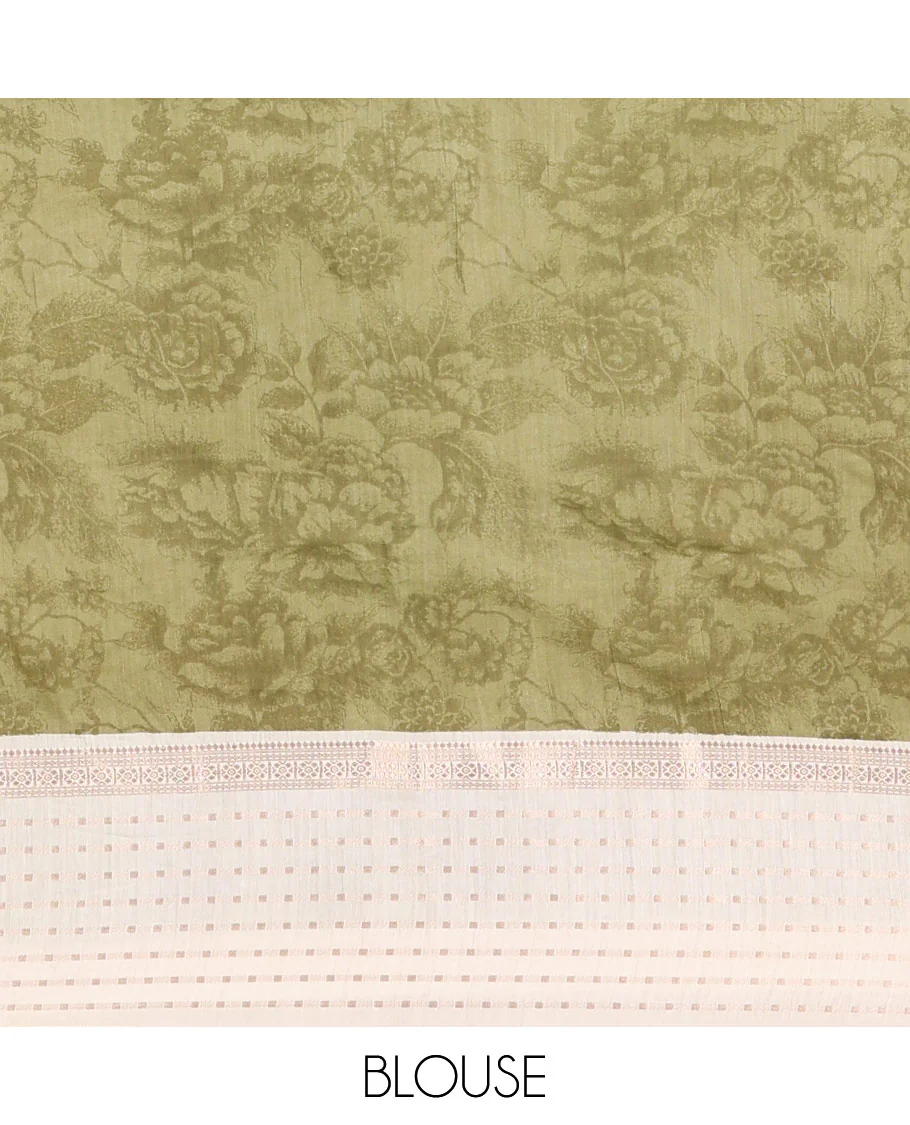Olive green silhouette-style floral discharge printed Assam silk saree, contrast traditional zari border of rudraksham motifs, zari striped pallu, and a floral printed blouse - Image 4