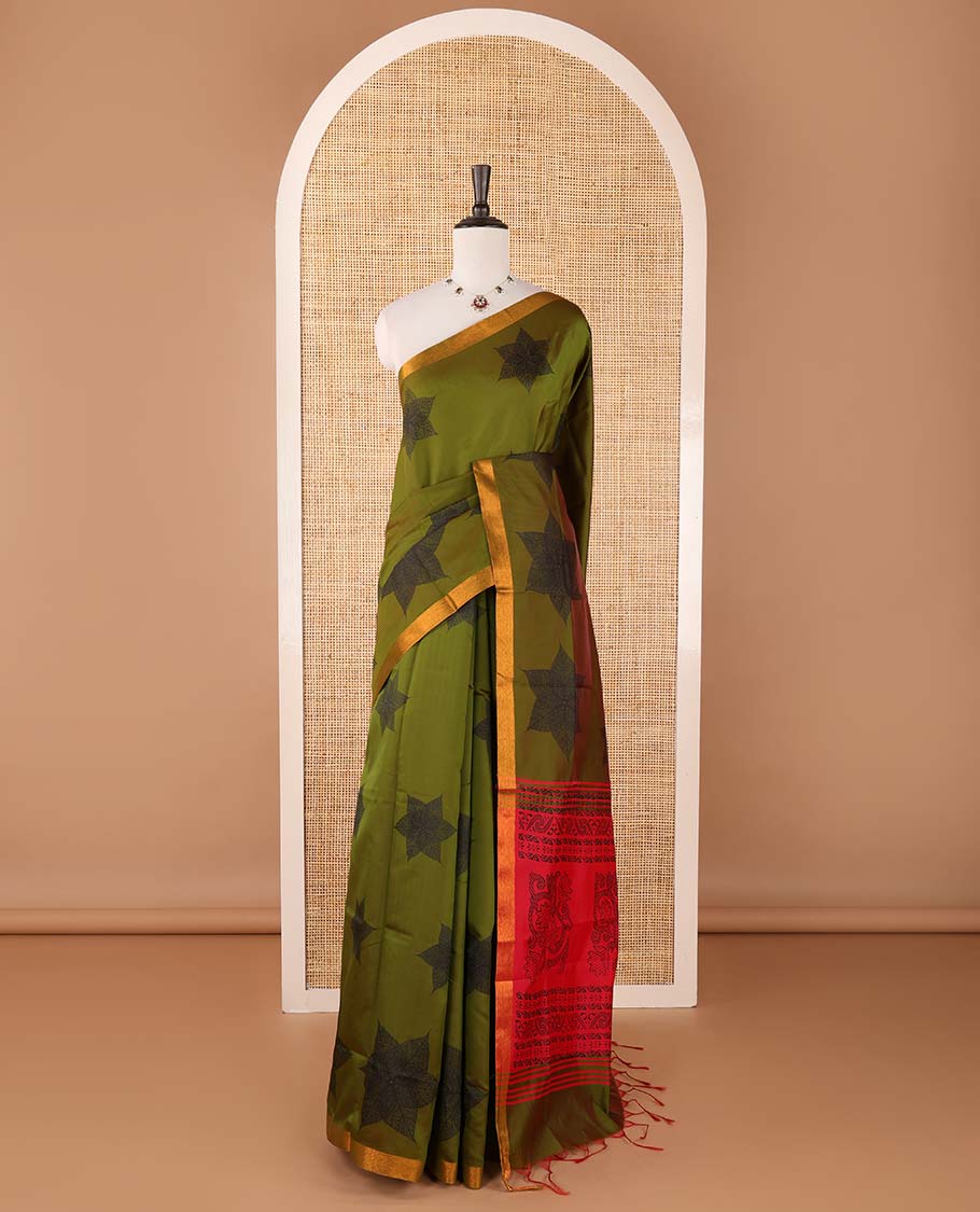 Olive green six-petal-like leaf motifs printed micro-silk saree, copper zari border, contrast intricate pallu & plain red blouse - Image 2