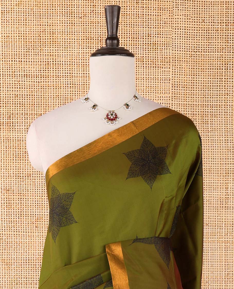 Olive green six-petal-like leaf motifs printed micro-silk saree, copper zari border, contrast intricate pallu & plain red blouse - Image 3