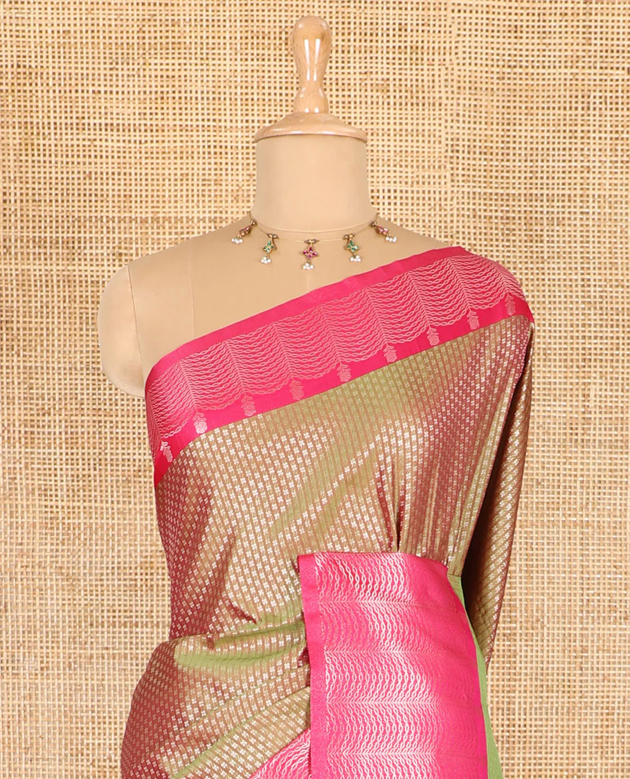 Olive green small zari buttas woven elite soft silk saree, contrast zari woven scallop satin border, jaal pallu, and a contrast chakram zari motifs blouse - Image 3