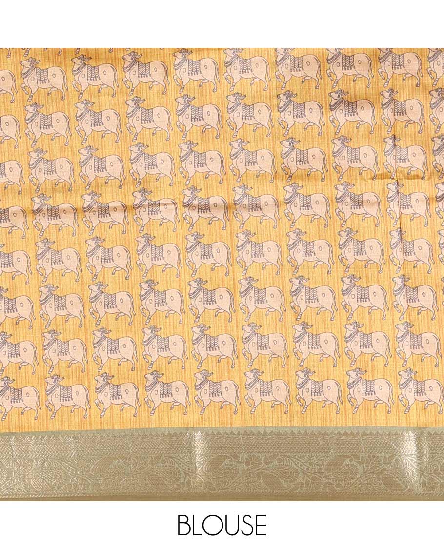 Olive green striped semi-tussar saree, traditional zari border of floral creeper designs, contrast pallu of Pichwai cow print, and contrast Pichwai cow printed blouse - Image 4