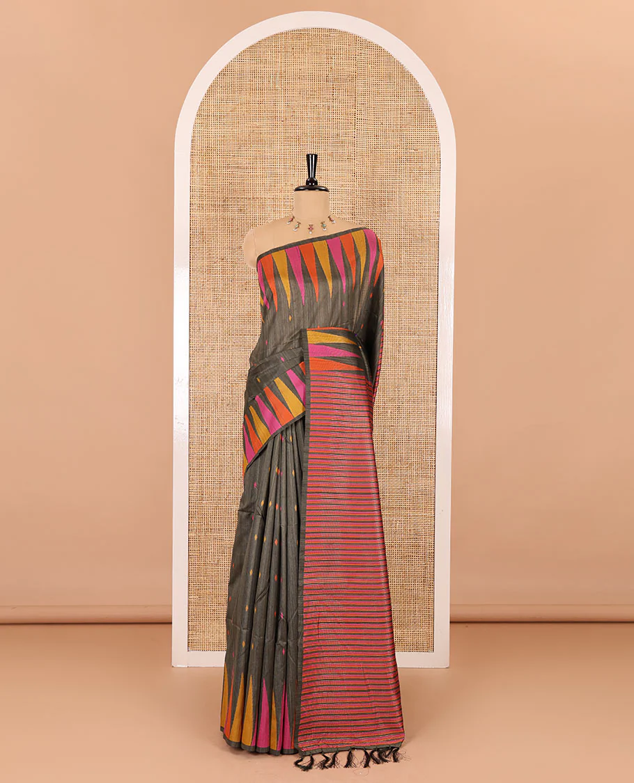 Olive green thread buttas woven jute cotton saree, multi-color temple border, striped pallu, and a matching striped blouse - Image 2