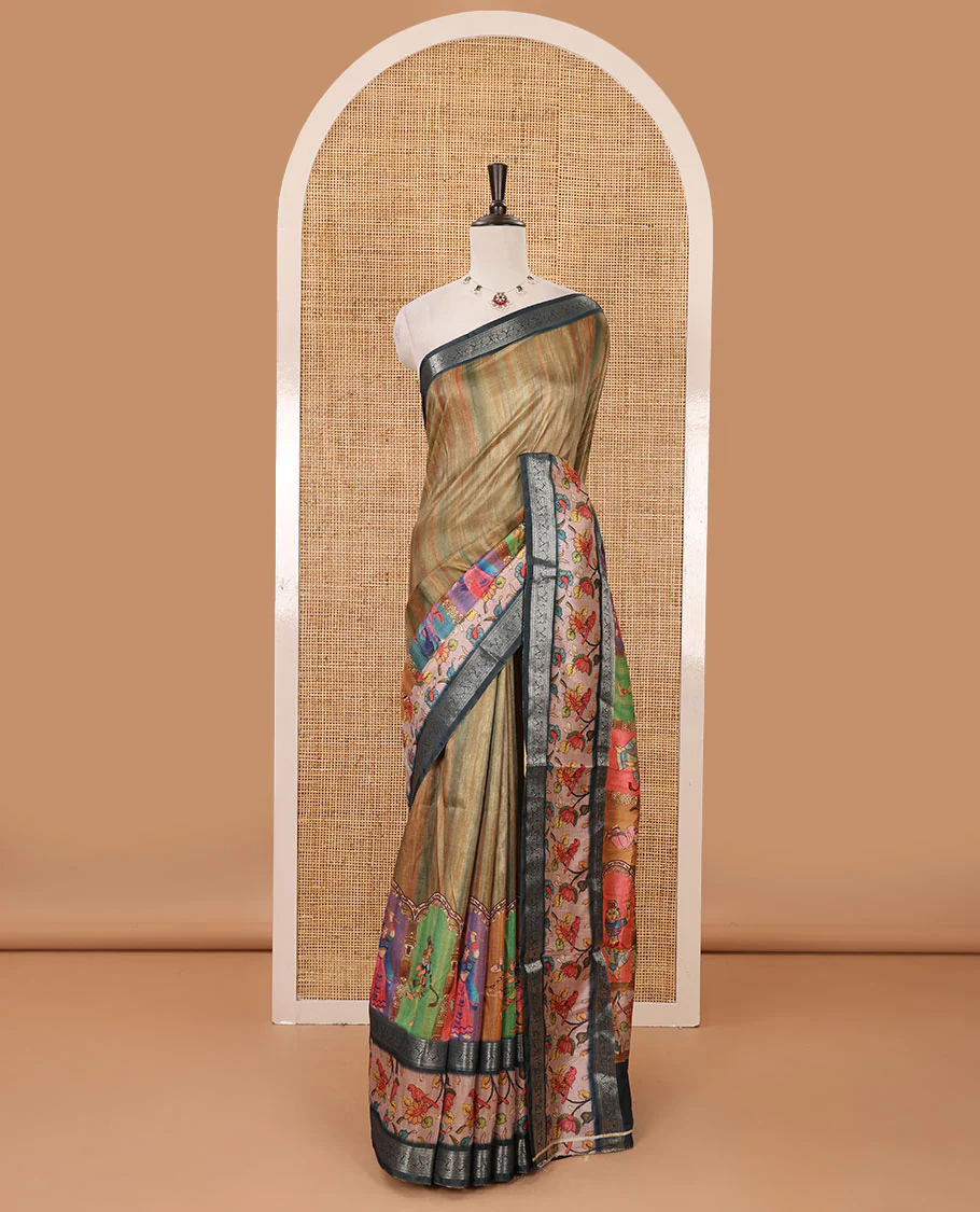 Olive green tie-dye & human motifs enclosed arcs printed semi-tussar saree,contrast traditional zari rettai pettu floral print border, print pallu & contrast blouse - Image 2
