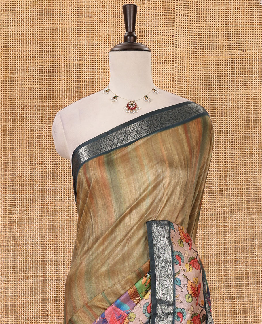 Olive green tie-dye & human motifs enclosed arcs printed semi-tussar saree,contrast traditional zari rettai pettu floral print border, print pallu & contrast blouse - Image 3