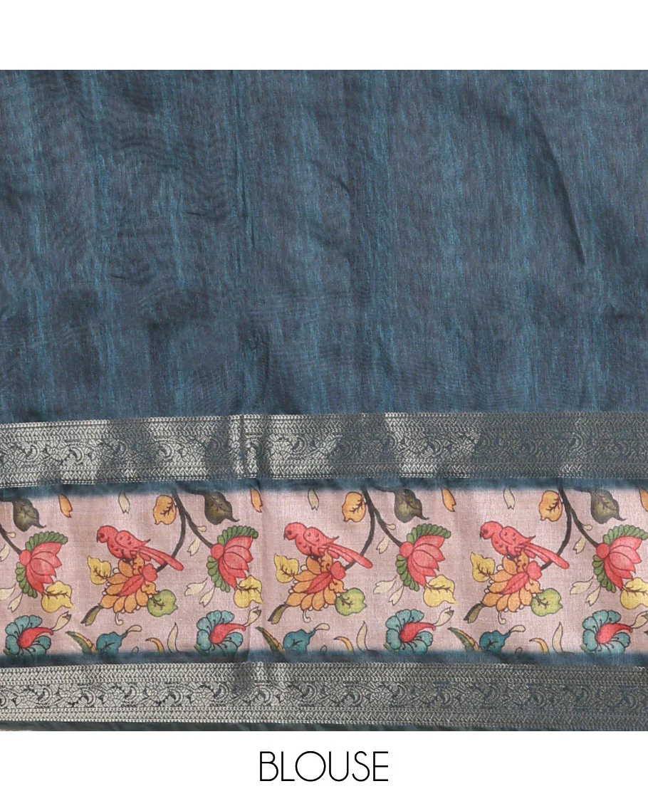 Olive green tie-dye & human motifs enclosed arcs printed semi-tussar saree,contrast traditional zari rettai pettu floral print border, print pallu & contrast blouse - Image 4