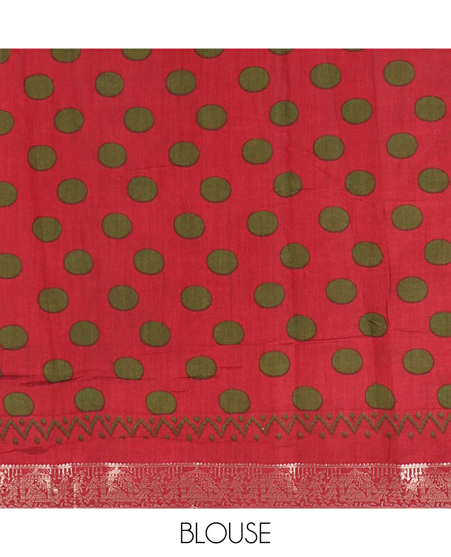 Olive kalamkari floral vine and peacock printed muslin cotton saree, contrast zari border, kalamkari peacock printed pallu, and a contrast coin buttas printed blouse - Image 4