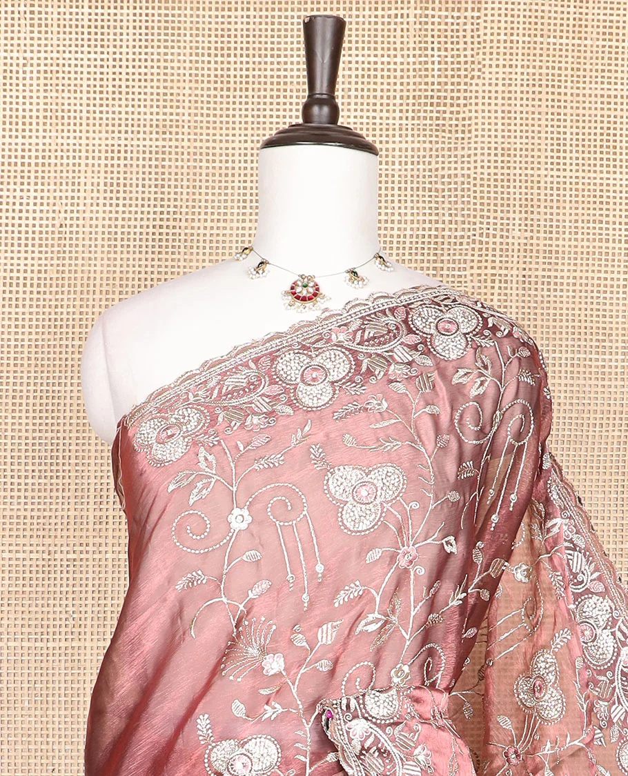 Onion pink floral vine thread embroidered designer saree, scallop border of floral vine thread embroidery - Image 2