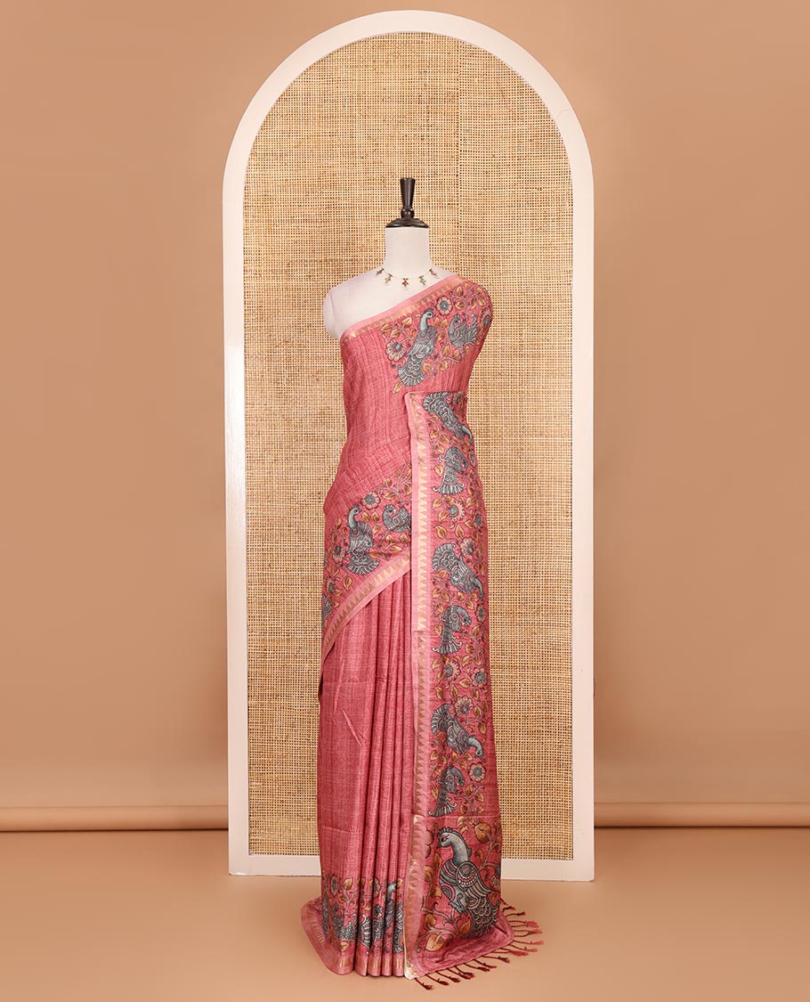 Onion pink full-plain katan silk saree, double-side kalamkari floral vine and bird printed temple zari border and matching floral vine printed blouse - Image 2