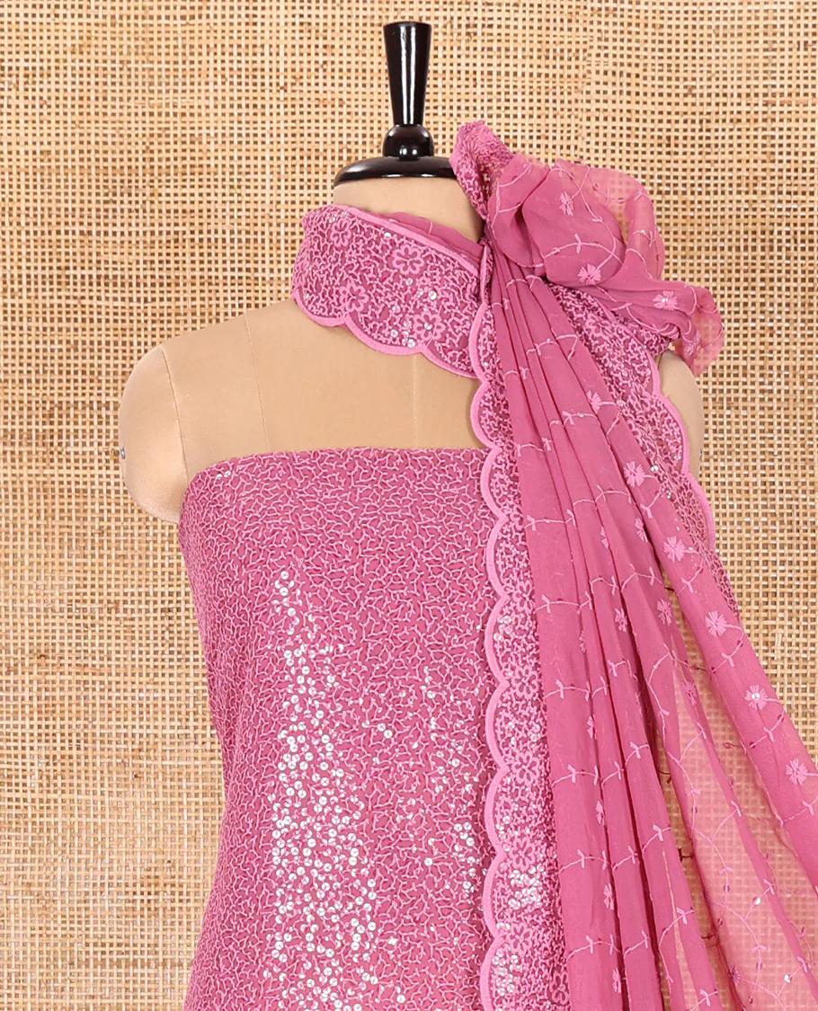 Onion Pink Material Chudidar Set Features Sequin Embroidered Georgette Top, a Plain American Crepe Bottom, and a Scallop Dupatta Embellished with Floral Vine Embroidery - Image 3