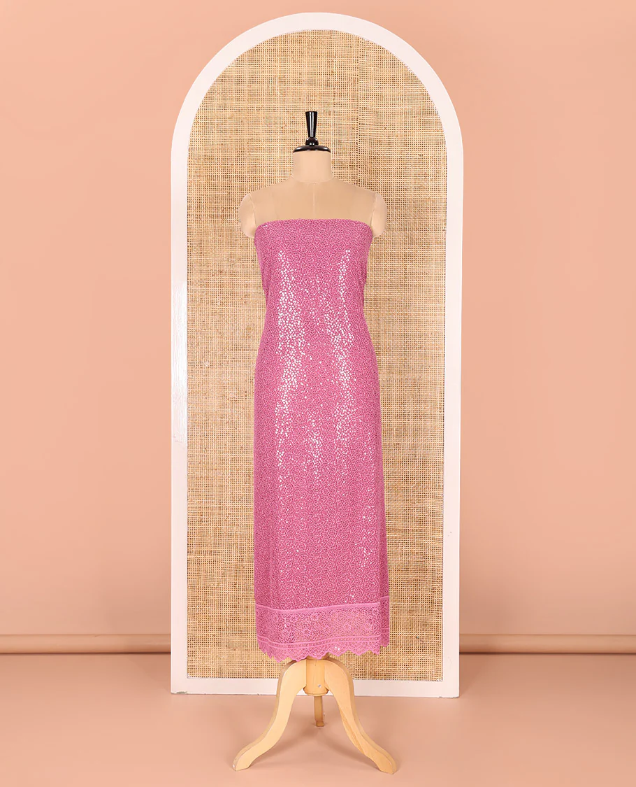Onion Pink Material Chudidar Set Features Sequin Embroidered Georgette Top, a Plain American Crepe Bottom, and a Scallop Dupatta Embellished with Floral Vine Embroidery - Image 4