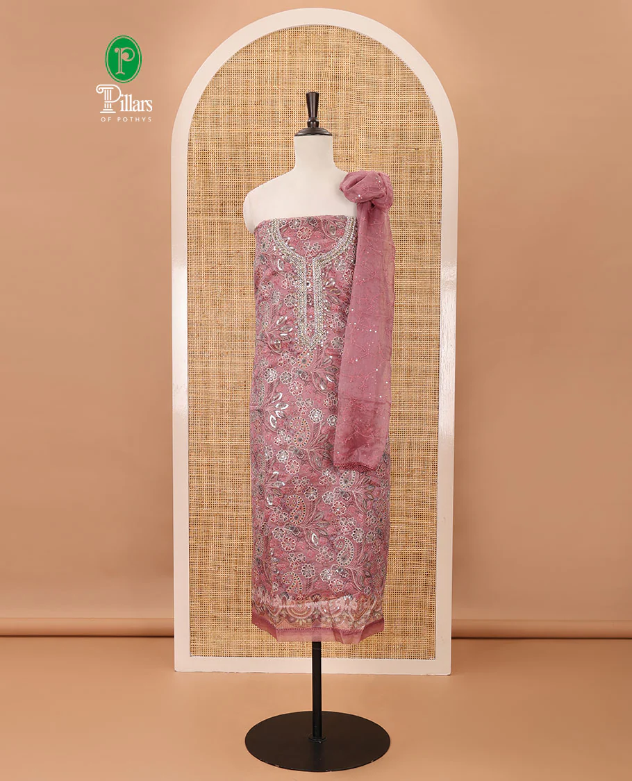 Onion pink material chudidar set, floral printed & outline mixed embroidery organza top,plain bottom & floral vine sequins embroidery dupatta