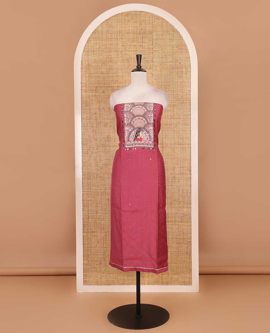 Onion pink material chudidar set, Madhubani theme printed with French Knot embroidered and mirror work Vertican silk top, contrast rayon bottom, and Madhubani printed dupatta - Image 4