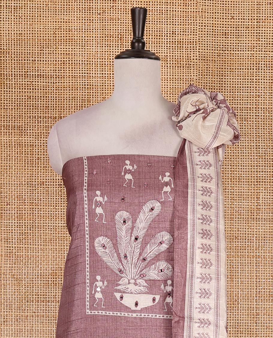 Onion pink material churidar set, warli tribe village theme print with mirror work semi-tussar top, plain bottom, and warli tribe village theme print semi-tussar dupatta - Image 3