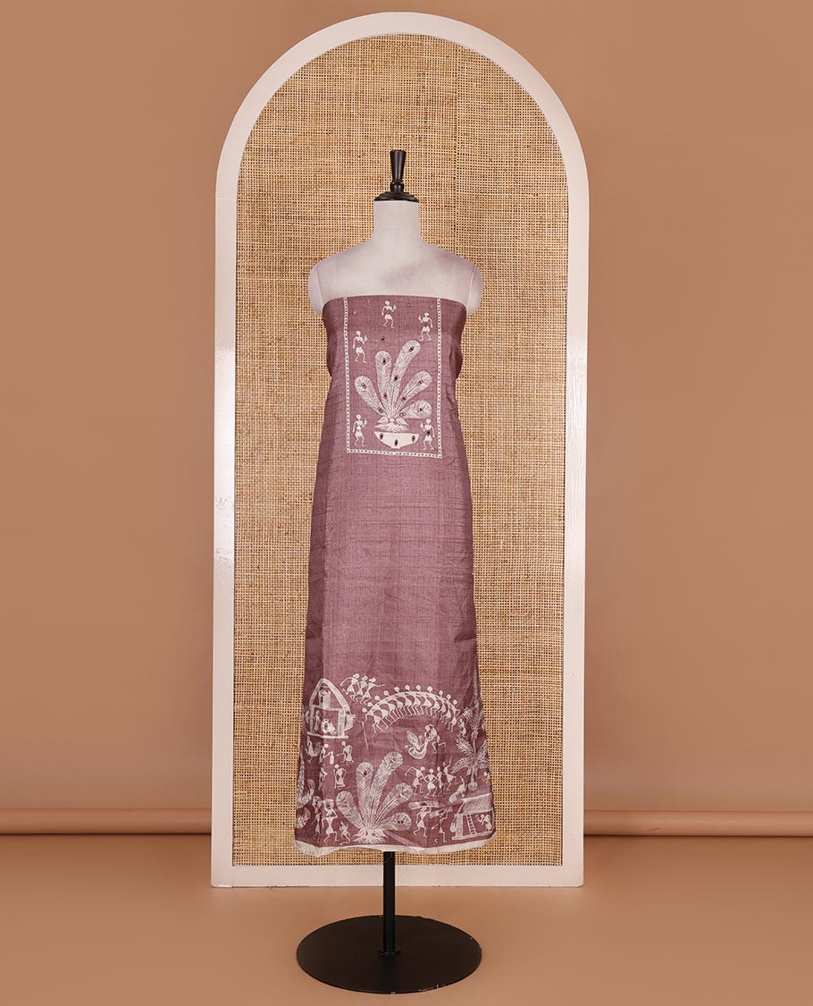 Onion pink material churidar set, warli tribe village theme print with mirror work semi-tussar top, plain bottom, and warli tribe village theme print semi-tussar dupatta - Image 4