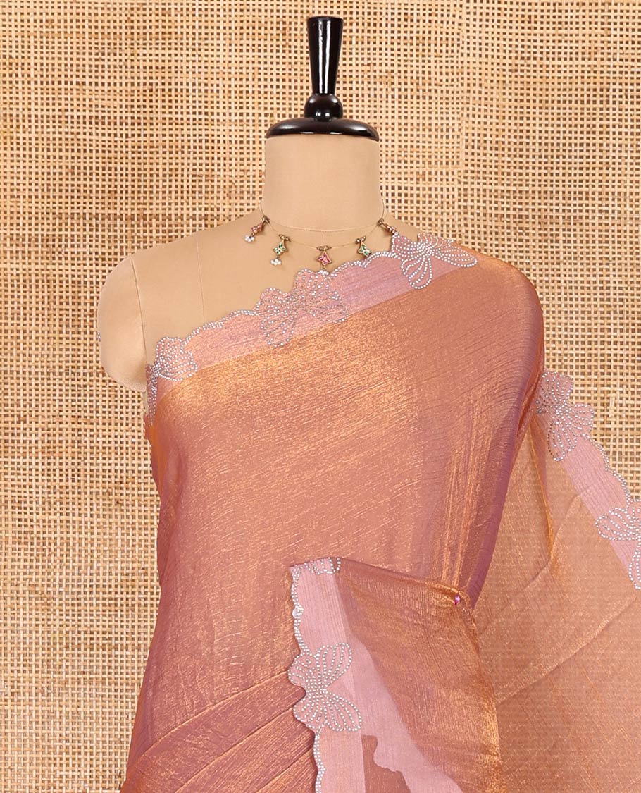 Onion pink plain fendy chiffon saree, scallop border of butterfly motifs in stone work, self-pallu, and a matching blouse - Image 2