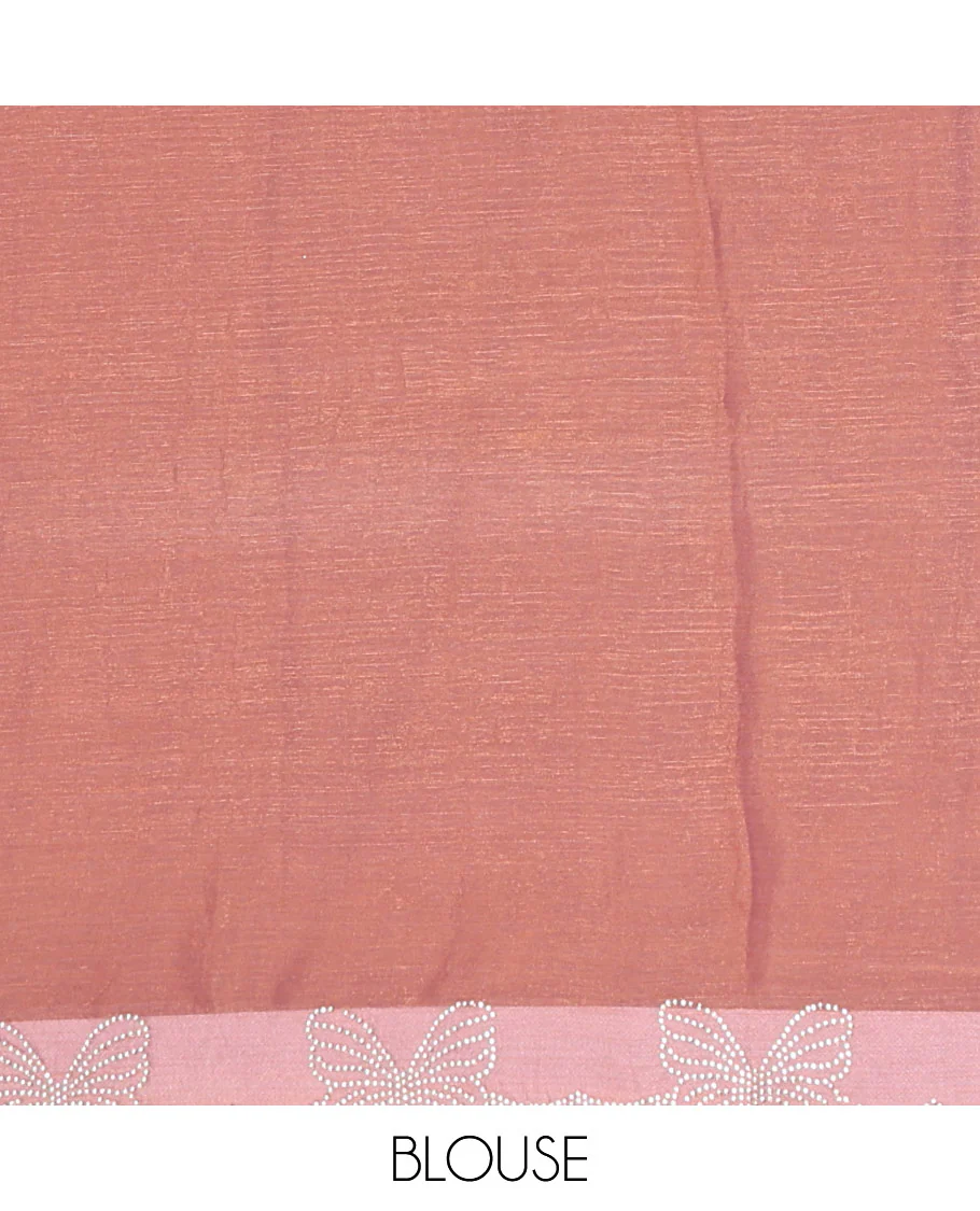 Onion pink plain fendy chiffon saree, scallop border of butterfly motifs in stone work, self-pallu, and a matching blouse - Image 3