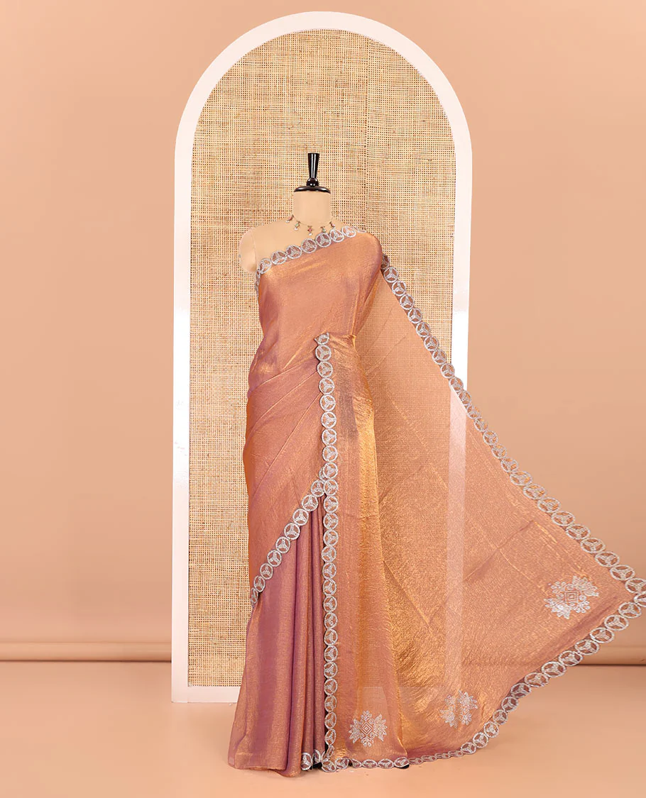 Onion pink plain fendy chiffon saree, scallop micro stone border, intricate stone work pallu, and a matching micro-stone blouse