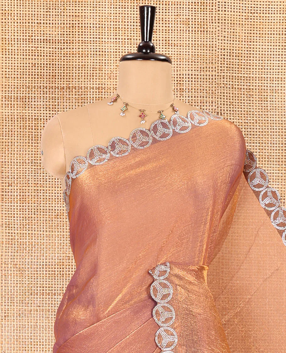 Onion pink plain fendy chiffon saree, scallop micro stone border, intricate stone work pallu, and a matching micro-stone blouse - Image 2