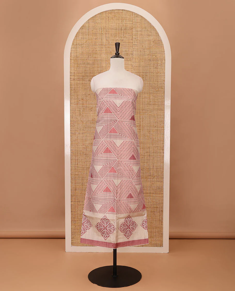 Onion pink semi-tussar material chudidar set, triangle printed top, heathered bottom & dupatta of triangle & four-petal floral print - Image 4
