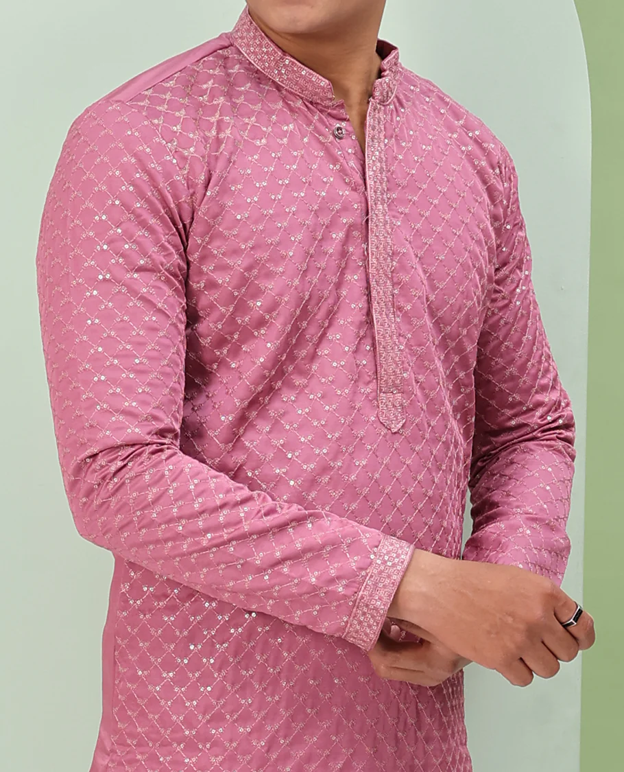 Onion pink sequins and thread jaal design embroidered full-sleeved readymade kurta - Image 3