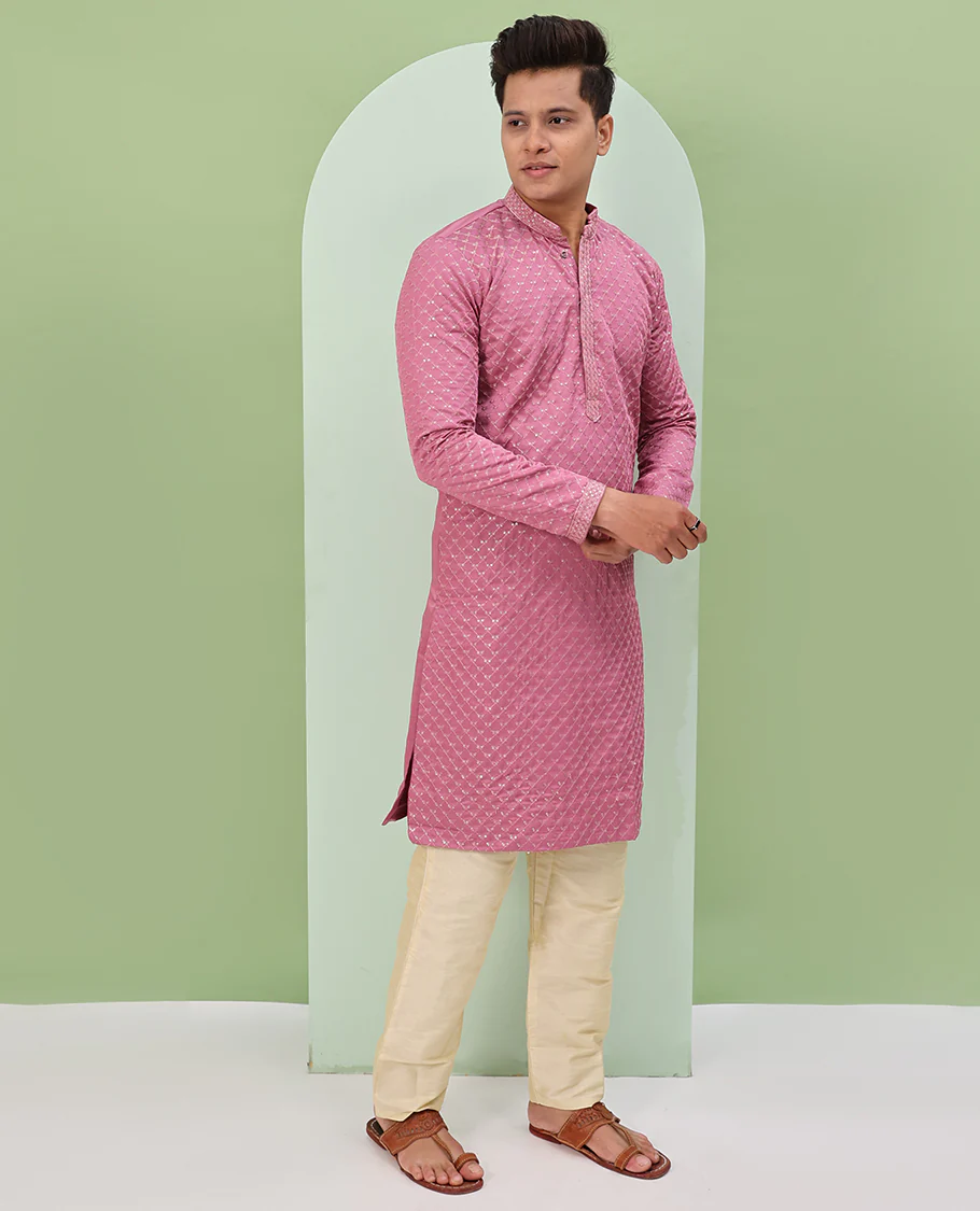 Onion pink sequins and thread jaal design embroidered full-sleeved readymade kurta - Image 4