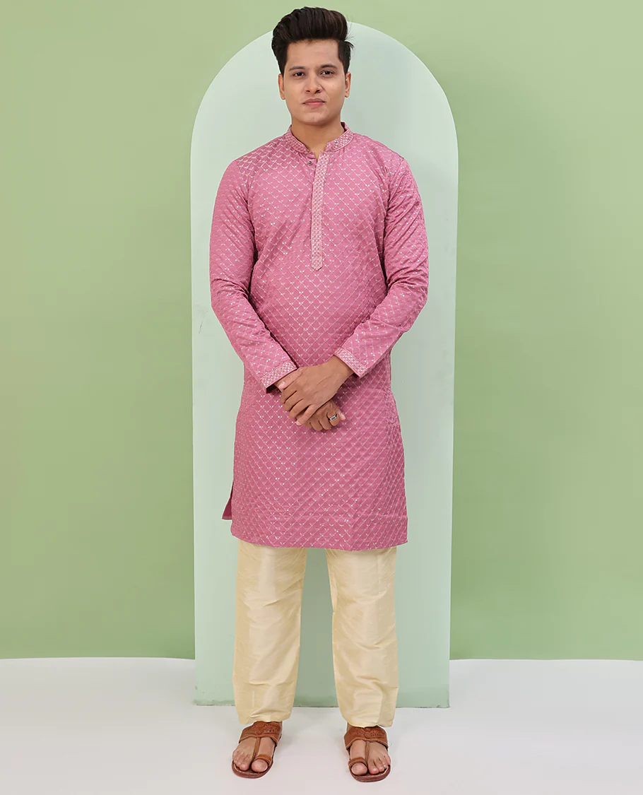 Onion pink sequins and thread jaal design embroidered full-sleeved readymade kurta - Image 5