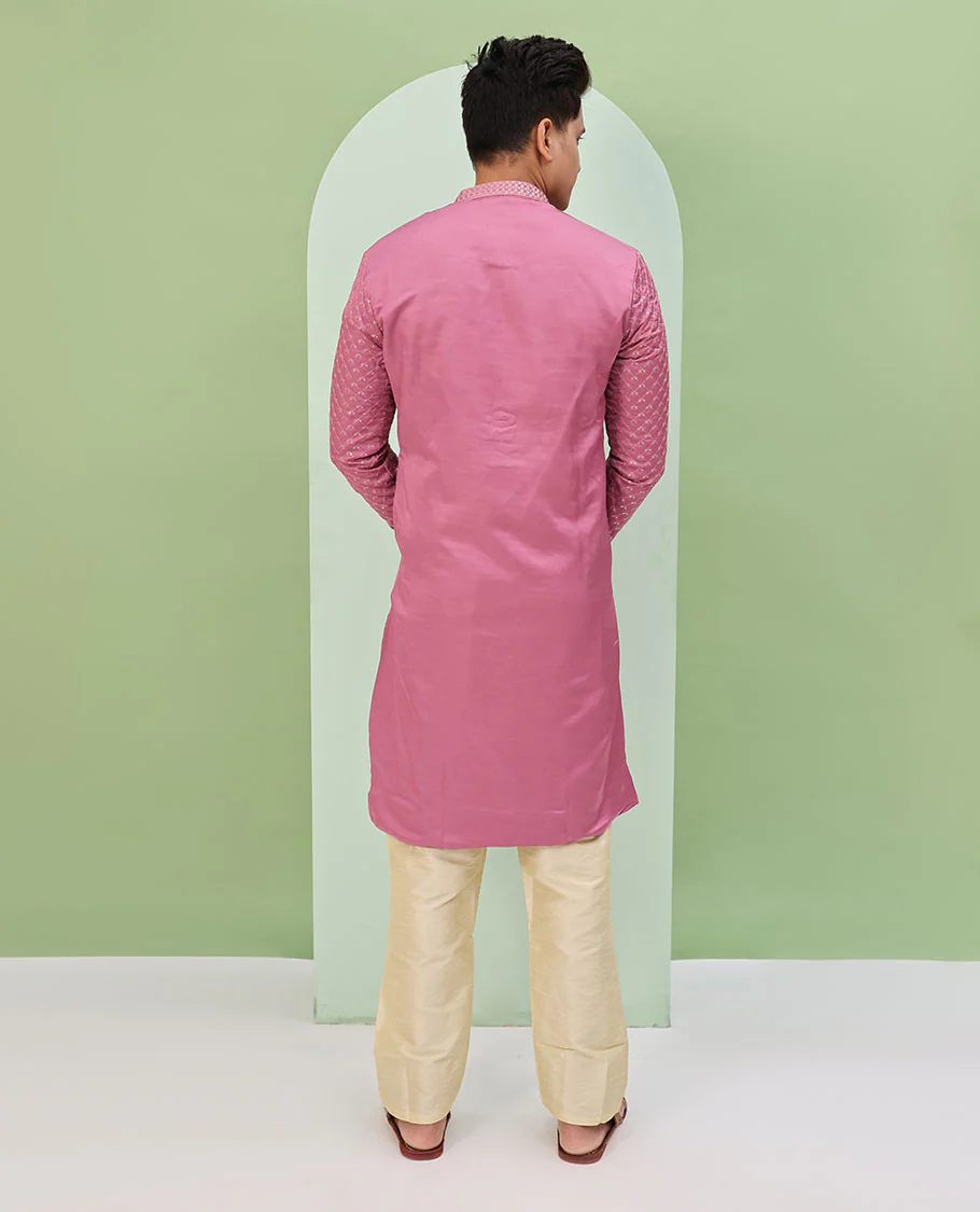 Onion pink sequins and thread jaal design embroidered full-sleeved readymade kurta - Image 6