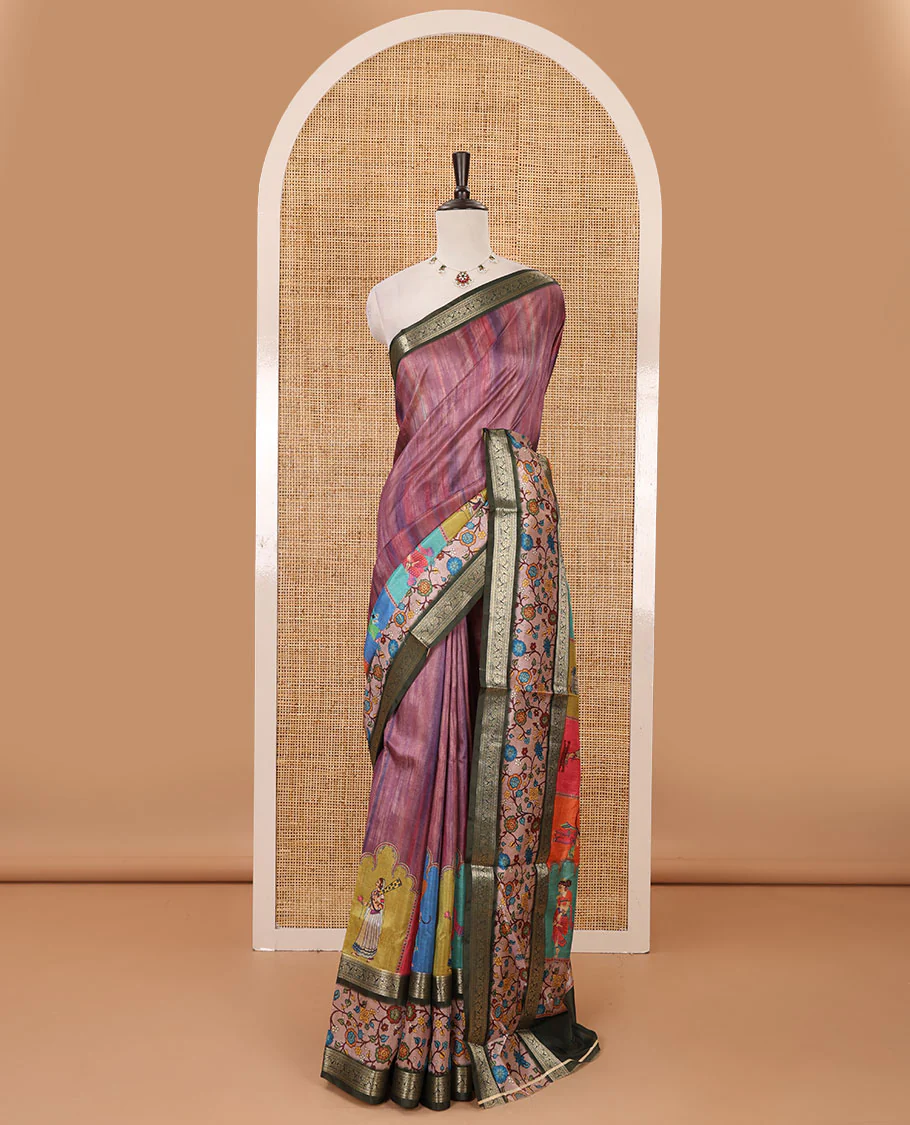 Onion pink tie-dye & human motifs enclosed arcs printed semi-tussar saree,contrast traditional zari rettai pettu floral print border, print pallu & contrast blouse - Image 2