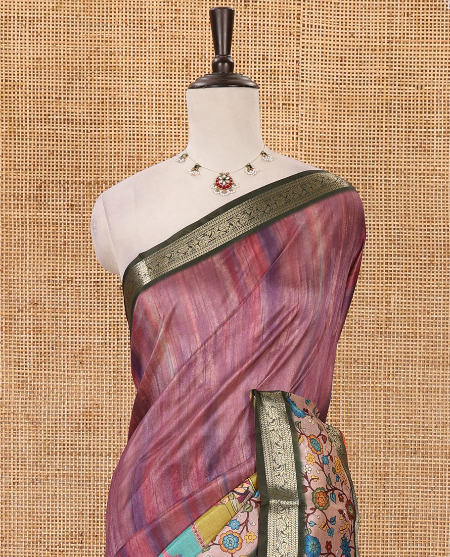Onion pink tie-dye & human motifs enclosed arcs printed semi-tussar saree,contrast traditional zari rettai pettu floral print border, print pallu & contrast blouse - Image 3