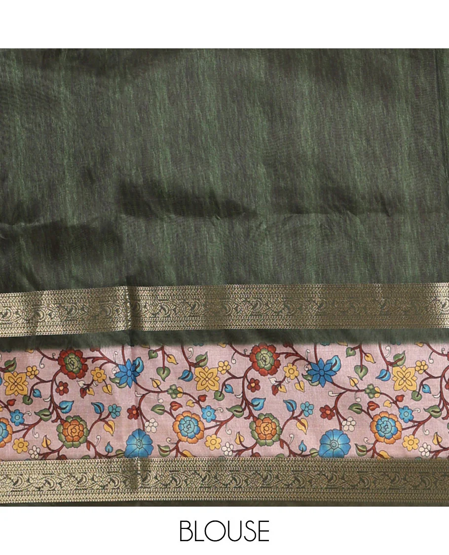Onion pink tie-dye & human motifs enclosed arcs printed semi-tussar saree,contrast traditional zari rettai pettu floral print border, print pallu & contrast blouse - Image 4