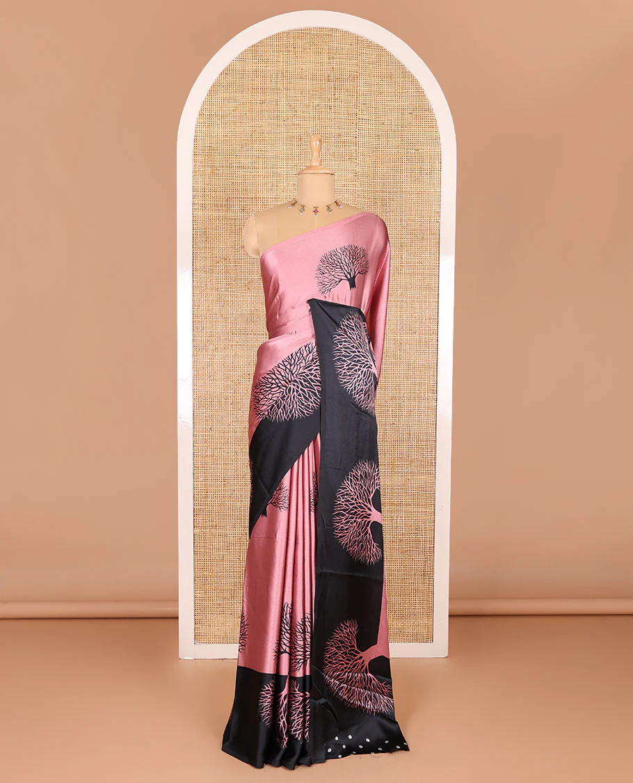 Onion pink tree motifs digitally printed Gajji silk saree with contrast printed border of upside down tree motifs, and contrast printed blouse - Image 2