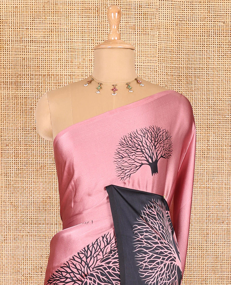 Onion pink tree motifs digitally printed Gajji silk saree with contrast printed border of upside down tree motifs, and contrast printed blouse - Image 3