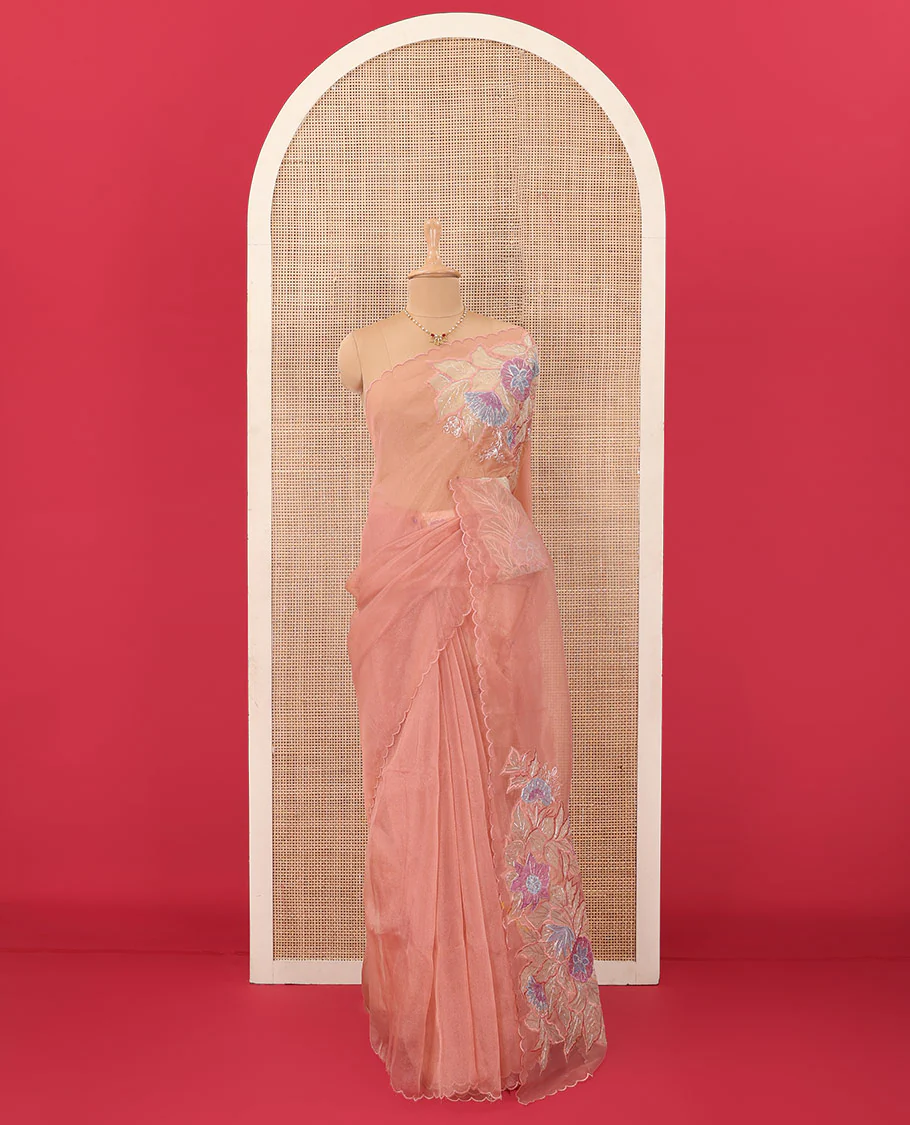 Onion pink tropical floral motifs thread embroidered organza saree, scallop border, and floral embroidered pallu - Image 2