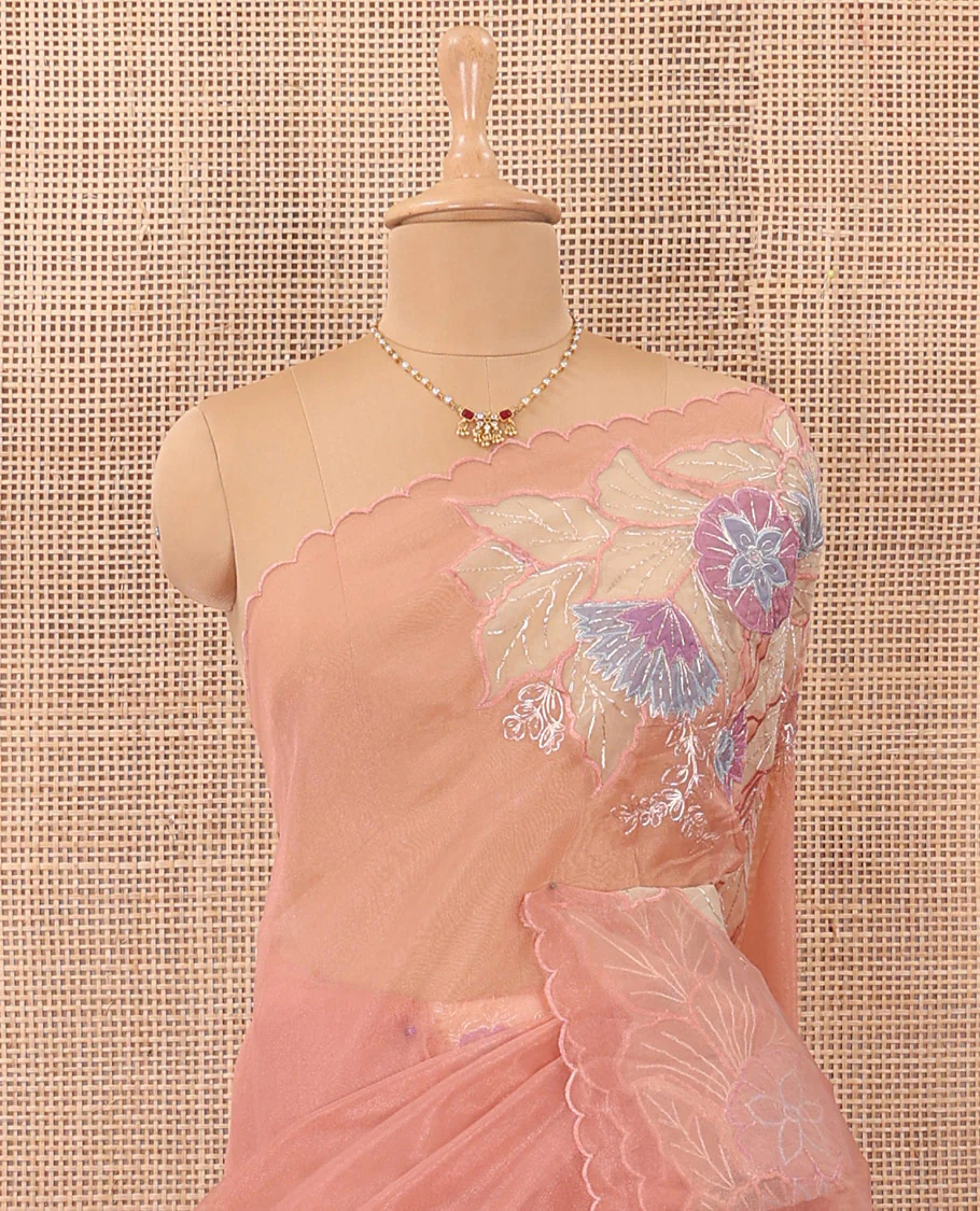 Onion pink tropical floral motifs thread embroidered organza saree, scallop border, and floral embroidered pallu - Image 3