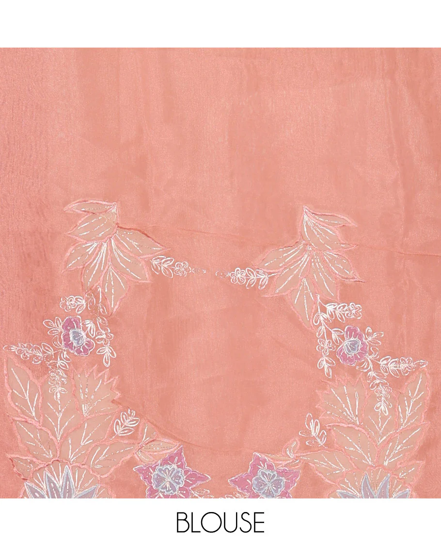 Onion pink tropical floral motifs thread embroidered organza saree, scallop border, and floral embroidered pallu - Image 4