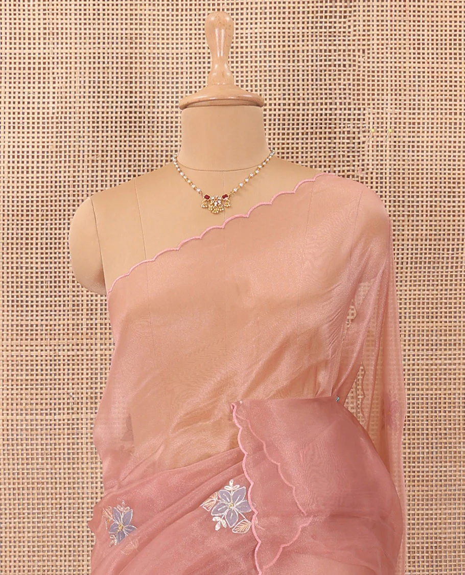 Onion pink tropical floral motifs thread embroidered organza saree, scallop border, and floral embroidered pallu - Image 3
