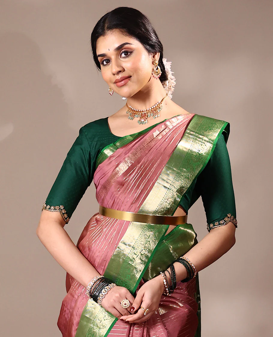 Onion pink veldari stripes, diamond, kamalam design Vasundhara silk saree, contrast border of rekku, mayil kann, and kili motifs, and intricate pallu - Image 2