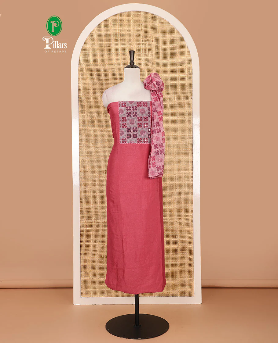 Onion pink Vichitra silk material chudidar set, brasso print & mirror embroidered neck work top, santoon bottom & four-petal floral motifs printed dupatta