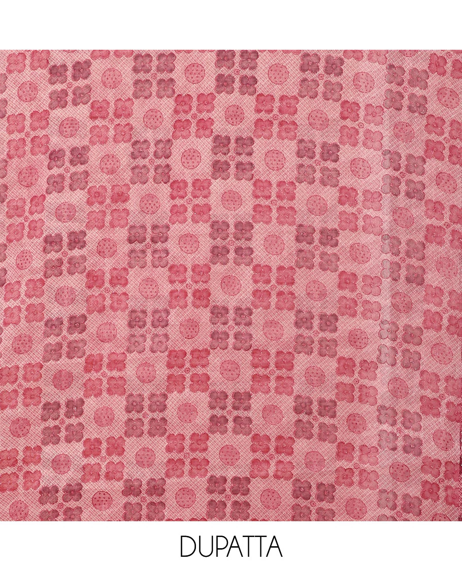 Onion pink Vichitra silk material chudidar set, brasso print & mirror embroidered neck work top, santoon bottom & four-petal floral motifs printed dupatta - Image 2