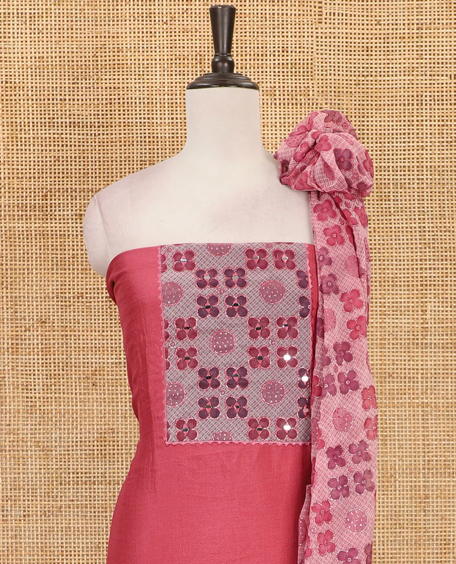 Onion pink Vichitra silk material chudidar set, brasso print & mirror embroidered neck work top, santoon bottom & four-petal floral motifs printed dupatta - Image 3