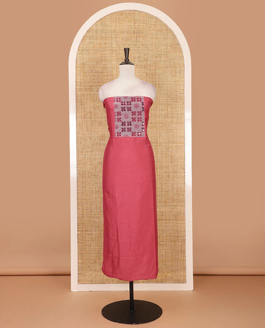 Onion pink Vichitra silk material chudidar set, brasso print & mirror embroidered neck work top, santoon bottom & four-petal floral motifs printed dupatta - Image 4