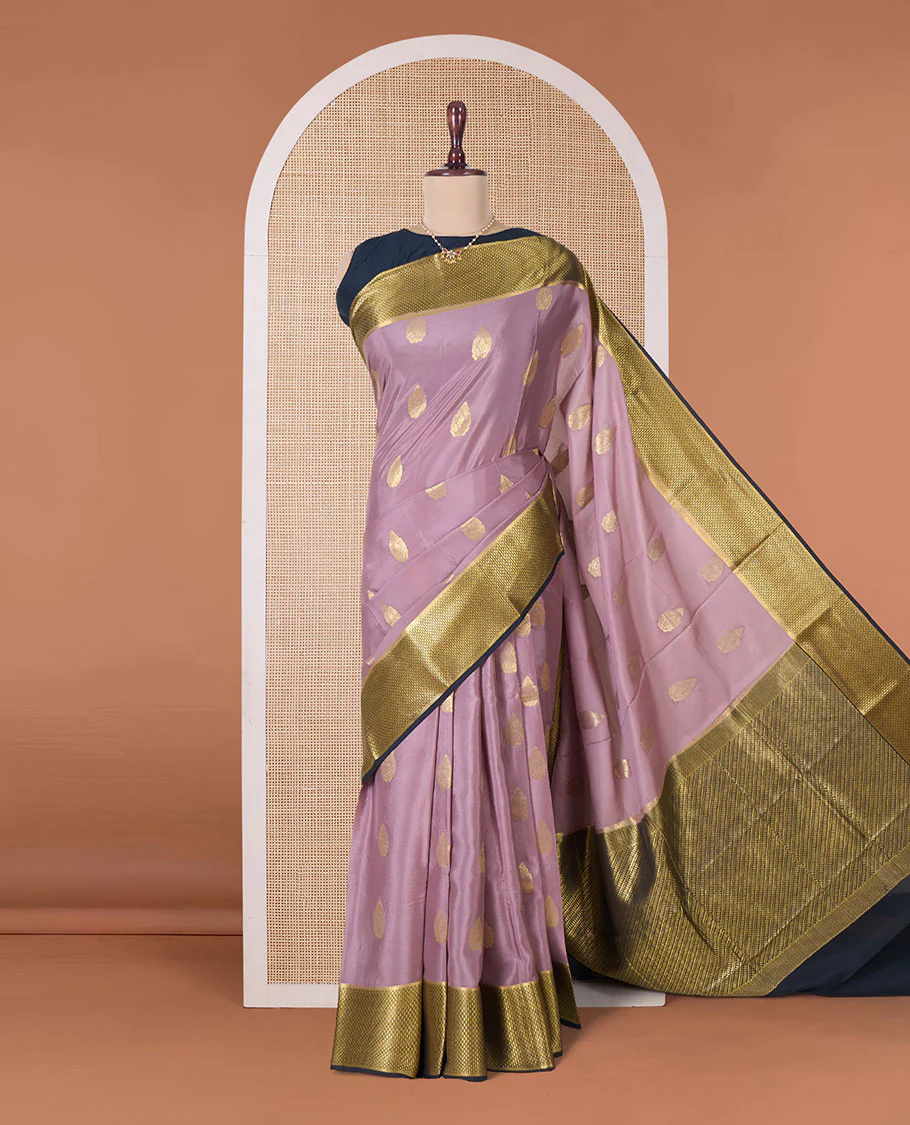 Onion pink zari buttas Mysore silk saree, contrast traditional zari border, and geometric patterned pallu - Image 2