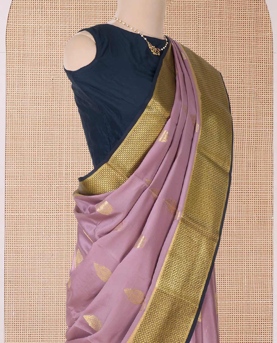 Onion pink zari buttas Mysore silk saree, contrast traditional zari border, and geometric patterned pallu - Image 3
