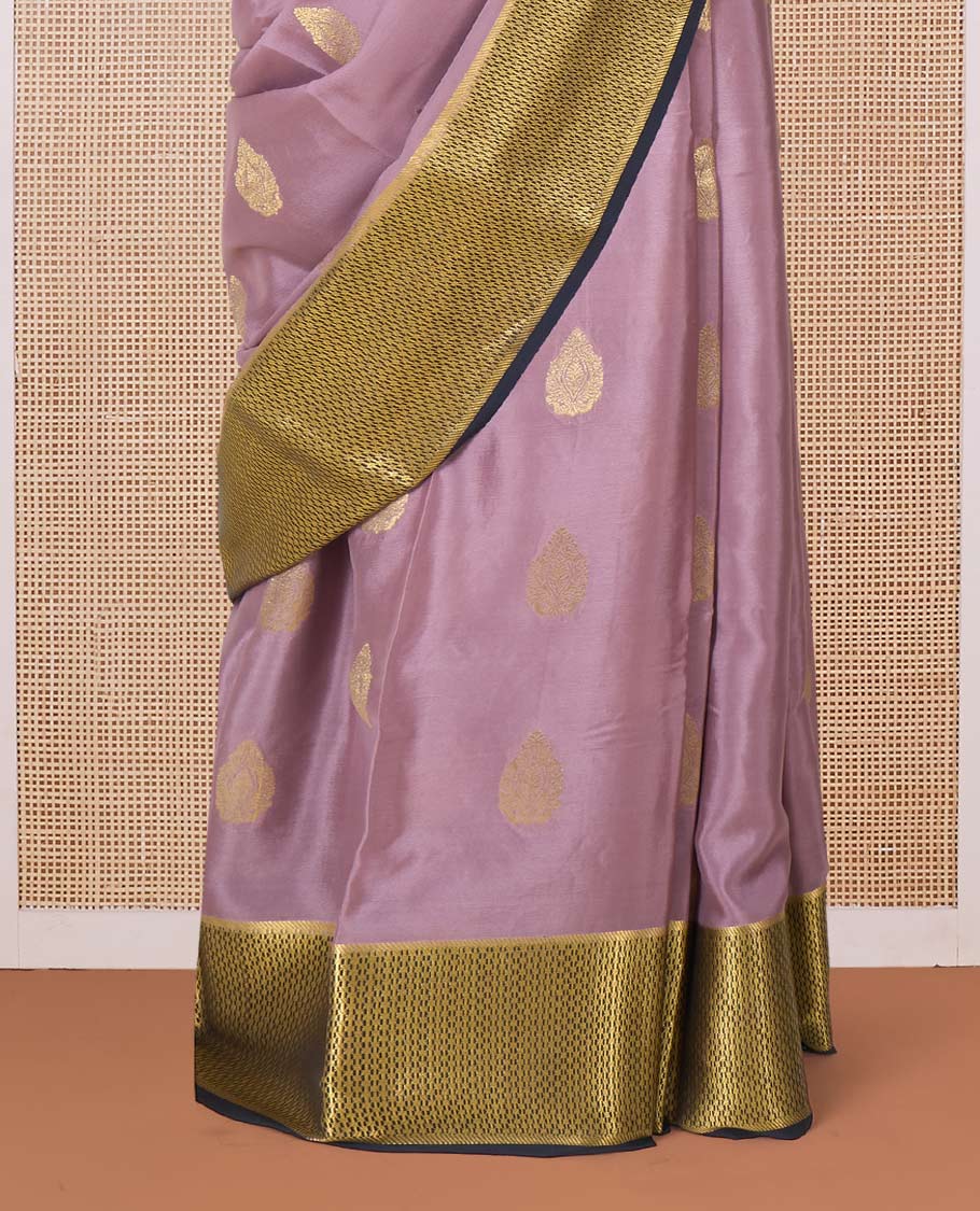 Onion pink zari buttas Mysore silk saree, contrast traditional zari border, and geometric patterned pallu - Image 4