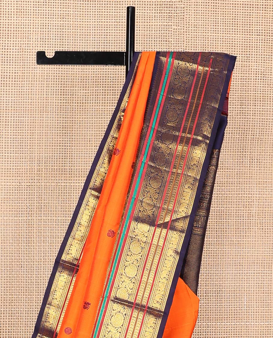 Orange annam chakram buttas Kanchipuram korvai silk saree, contrast rettai pettu korvai border of rekku, banaras, muthu, and chakram designs, and poun design steeped pallu - Image 4