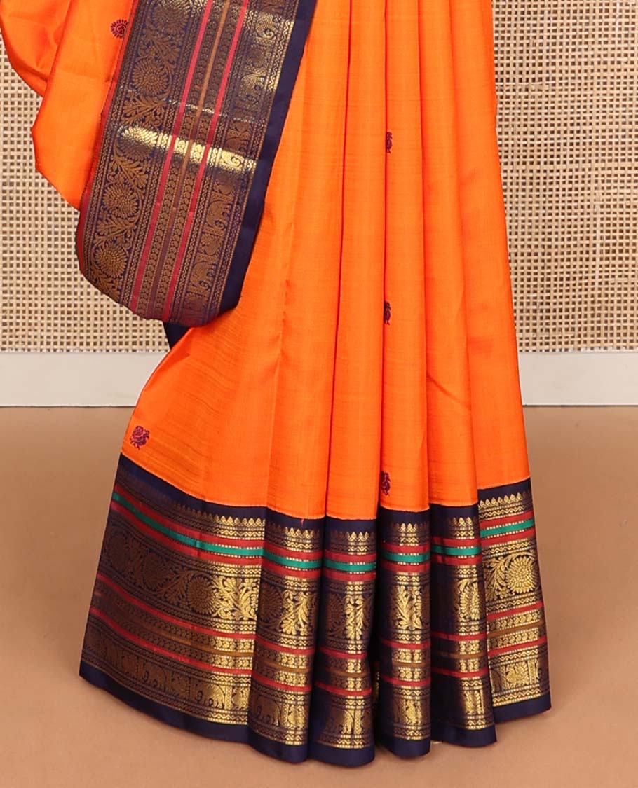 Orange annam chakram buttas Kanchipuram korvai silk saree, contrast rettai pettu korvai border of rekku, banaras, muthu, and chakram designs, and poun design steeped pallu - Image 5