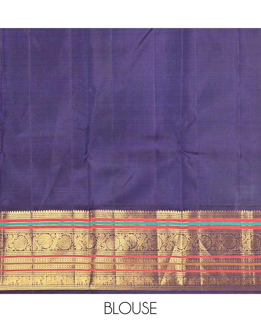 Orange annam chakram buttas Kanchipuram korvai silk saree, contrast rettai pettu korvai border of rekku, banaras, muthu, and chakram designs, and poun design steeped pallu - Image 6