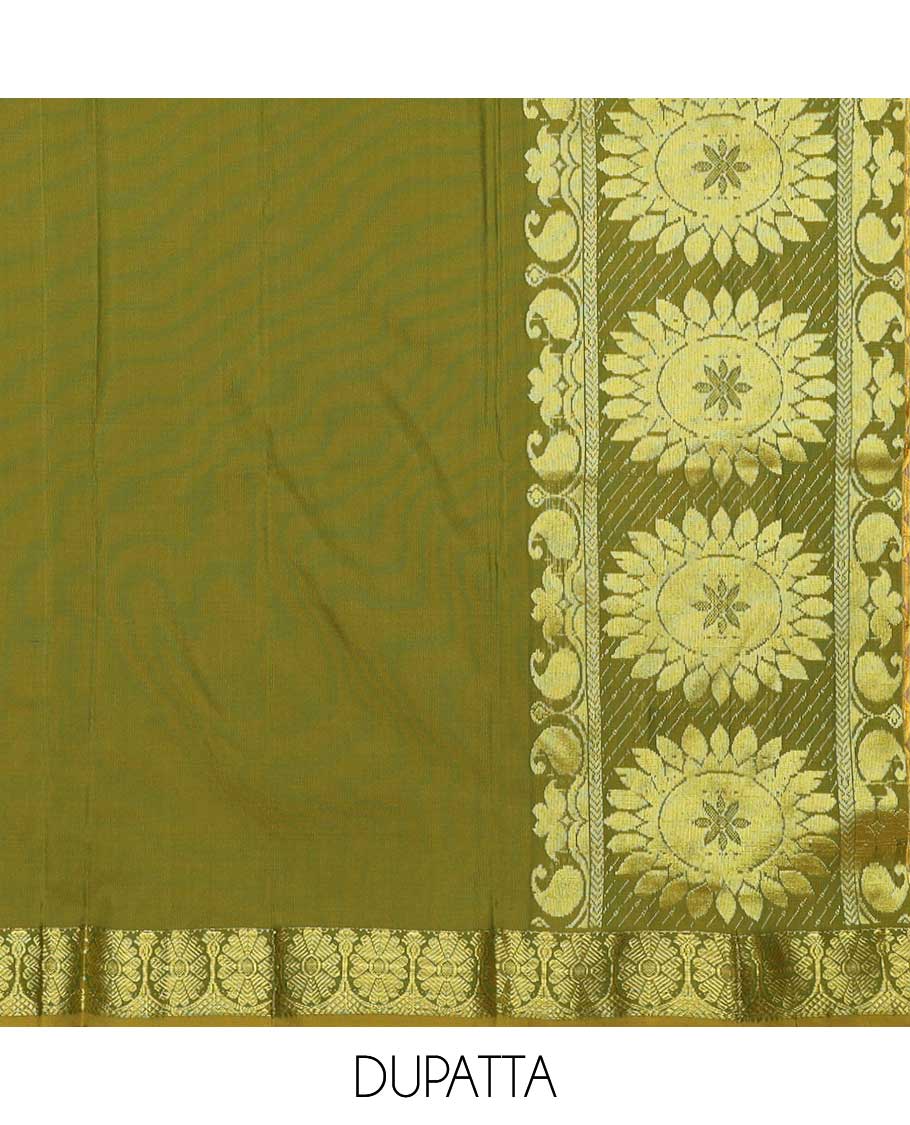 Orange art silk half saree material , jacquard with contrast traditional zari bordered skirt, contrast jacquard blouse, and chakram design dhavani - Image 6